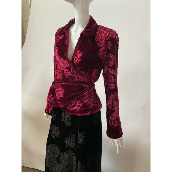 Ice Womens Velvet Wrap Jacket Red Paisley Long Sleeve Tie Collared M - Picture 9 of 12